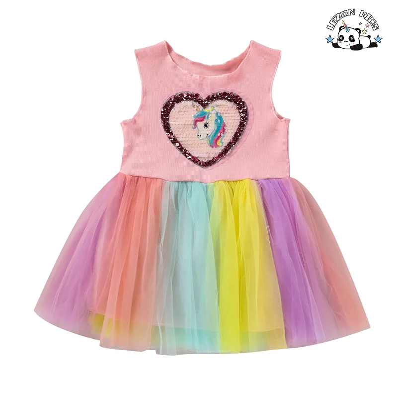LEZONKIDS - Customizable Wholesale Sequined unicorn Print Stitching Dress Colorful Mesh Puffy Sweet Girls Princess Dress